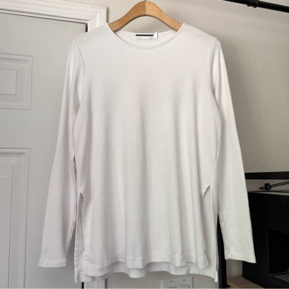 GRP1 white cotton rib knit soft slit sides long‎ sleeve boxy tshirt top tee